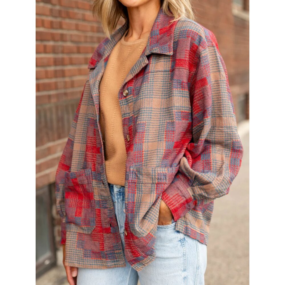 Free People Red and Tan Plaid Jacket